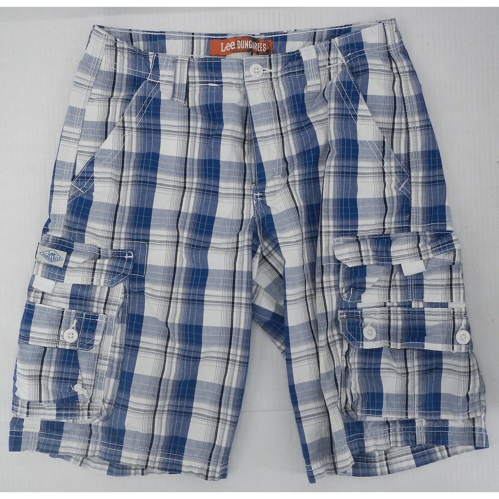 Lee Dungarees Mens Plaid Cargo Shorts Size 30 Blue White Cotton Casual Utility